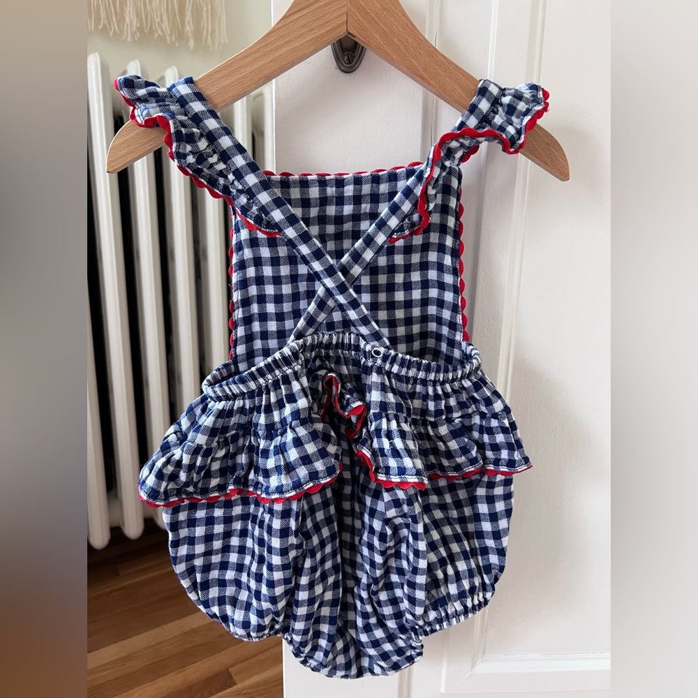 Angel Dear Ric Rac Ruffle Sunsuit Navy Gingham - Picture 2 of 2